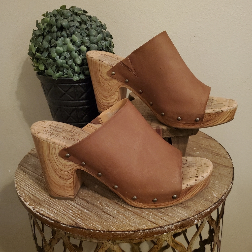 KORK-EASE Danika Wood Grain Cork Cognac‎ Leather Platform Slide-On Sandals SZ 11